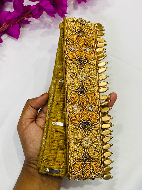 Appealing Golden Color Saree Belt With Embroidery Work And Beads