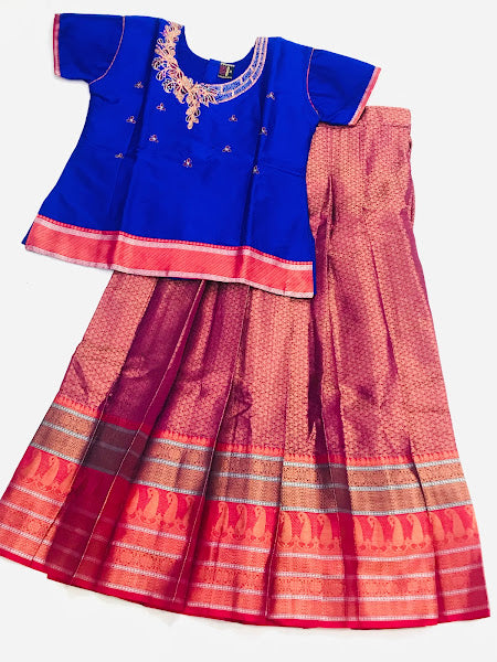 Pleasing Blue Color Embroidery And Stone Work Pattu Langa Set