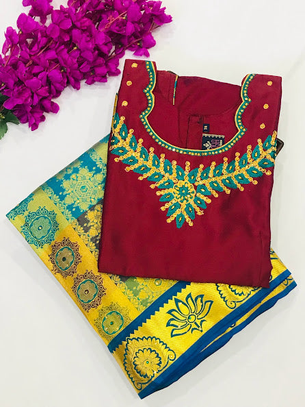 Appealing Maroon Color Embroidered And Stone Work Silk Langa Set Near Me