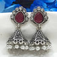 Beautiful Maroon Color Stoned Silver Oxidized Jhumka Earrings With Drops