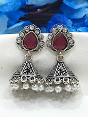 Beautiful Maroon Color Stoned Silver Oxidized Jhumka Earrings With Drops