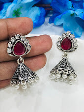 Beautiful Maroon Color Stoned Silver Oxidized Jhumka Earrings With Drops Near Me