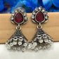 Beautiful Maroon Color Stoned Silver Oxidized Jhumka Earrings In Yuma