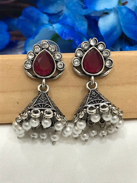 Beautiful Maroon Color Stoned Silver Oxidized Jhumka Earrings In Yuma