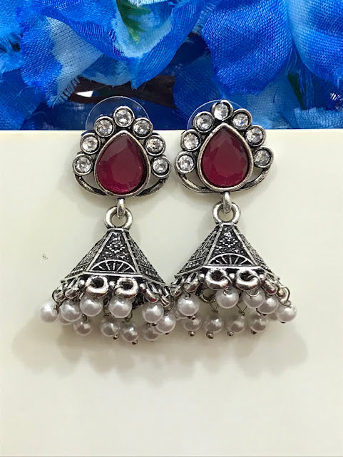 Maroon Color Stoned Silver Earrings In Tucson