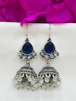 Appealing Navy Blue Color Drop Stone Oxidized Jhumka Design Hook Earrings