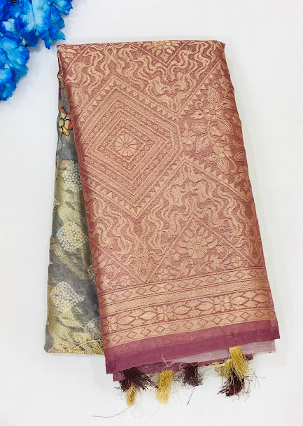 Elegant Peach Colored Floral Designed Raw Silk Saree For Women