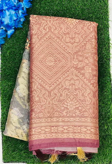 Beautiful Peach Colored Floral Designed Saree In Yuma