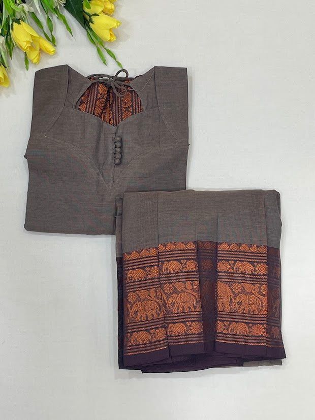 Wonderful Brown And Copper Color Cotton With Zari Work Langa Sets Near Me