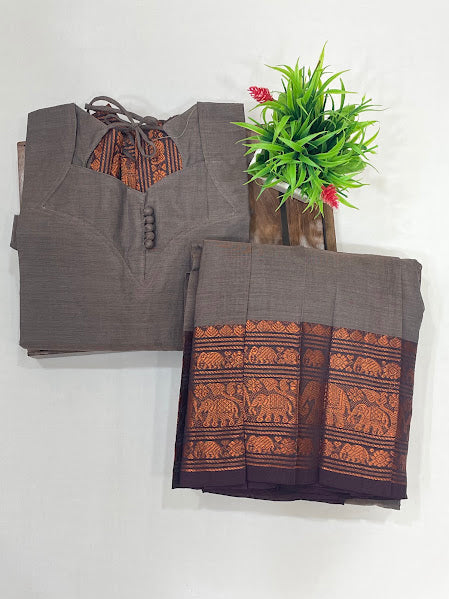 Brown And Copper Color Cotton With Zari Work Langa Sets In USA