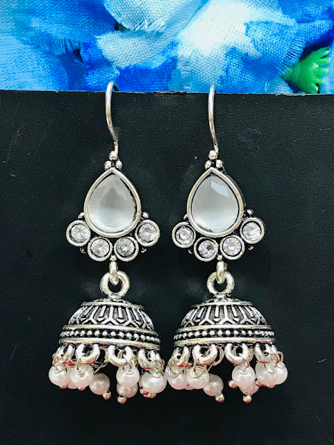 Alluring Silver Oxidized Grey Color Drop Stone Hook Earrings With Pearl Beads