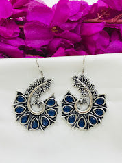 Gorgeous Silver OXidized Peacock Design With Blue Stone Hook Earrings