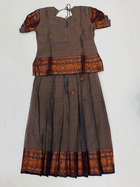 Wonderful Brown And Copper Color Cotton With Zari Work Langa Sets For Girls