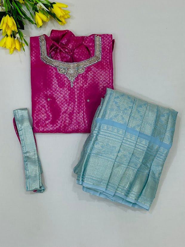 Pink And Sky Blue Color Art Silk With Zari And Stone Work Langa Sets Near Me