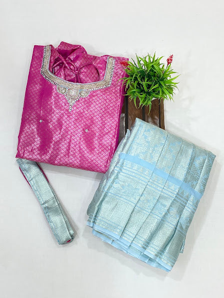 Pink And Sky Blue Color With Zari And Stone Work Langa Sets In USA