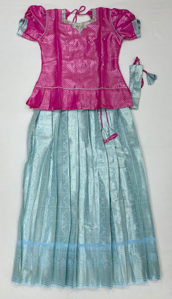 Stunning Pink And Sky Blue Color Art Silk With Zari And Stone Work Langa Sets For Girls