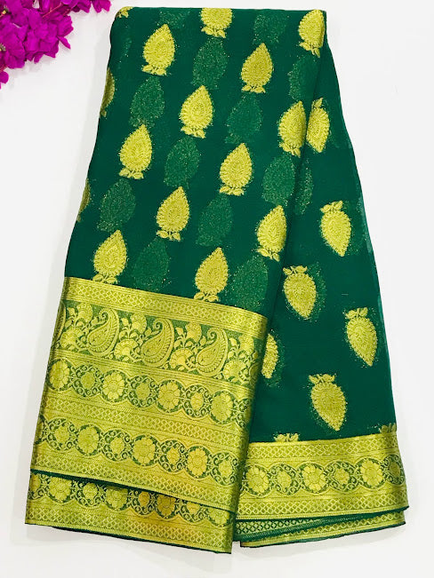 Alluring Green Color Georgette Designer Saree With Butta Motifs And Rich Pallu