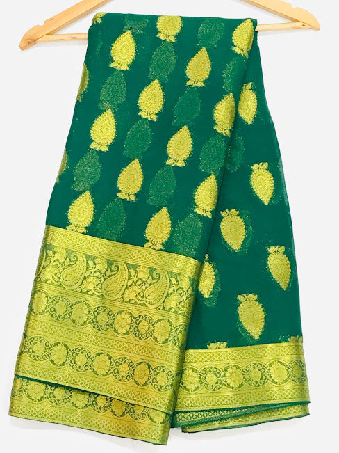 Alluring Green Georgette Saree With Butta Motifs And Rich Pallu In Yuma