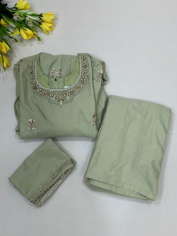 Light Green Color Satin Silk Sharara Suits With Embroidery And Sequins Work Near Me