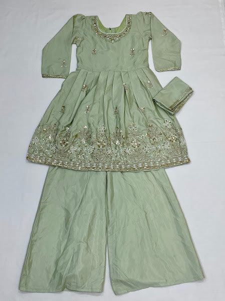 Attractive Light Green Color Satin Silk Sharara Suits With Embroidery And Sequins Work For Girls