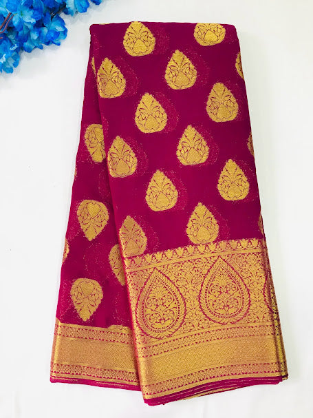 Beautiful Purple Colored Georgette Saree With Butta Motifs And Contrast Rich Pallu For Women