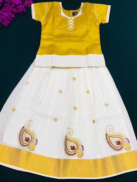 Kerala Traditional Silk Cotton Ivory And Gold Embroidery Work Langa Set For Girls