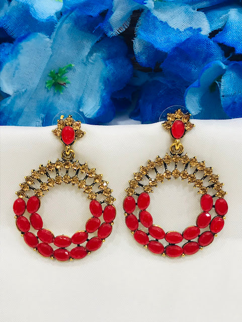 Gorgeous Gold Plated Red Color Rounded Design Earrings For Women