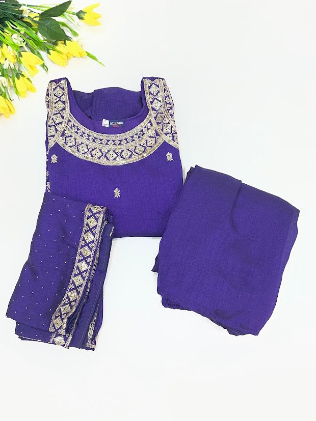 Violet Color Siffon With Embroidery And Sequins Work Langa Sets Near Me