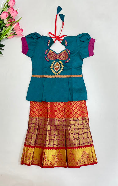 Elegant Teal Green Color Silk Langa Set With Beads And Zari Work For Girls