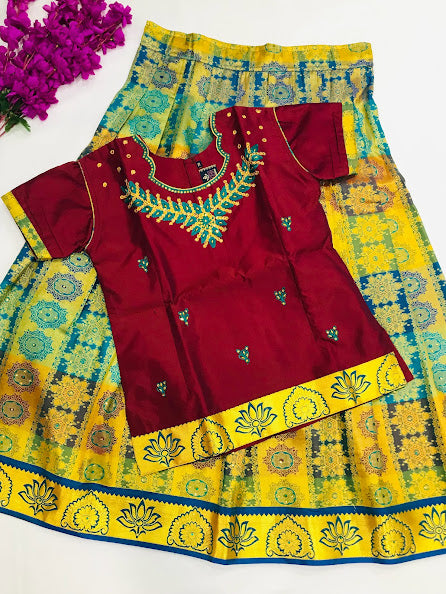 Appealing Maroon Color Embroidered And Stone Work Silk Langa Set