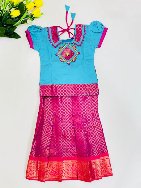 Alluring Sky Blue Color Silk Langa Set With Zari Work For Girls