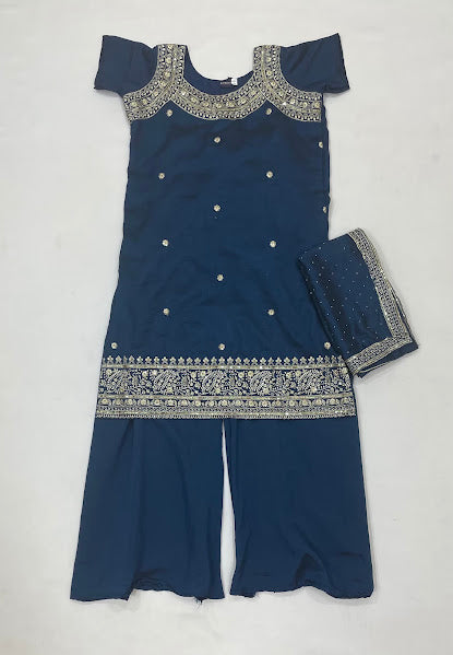 Beautifiul Teal Green Color Siffon Sharara Suits With Embroidery And Sequins Work For Girls
