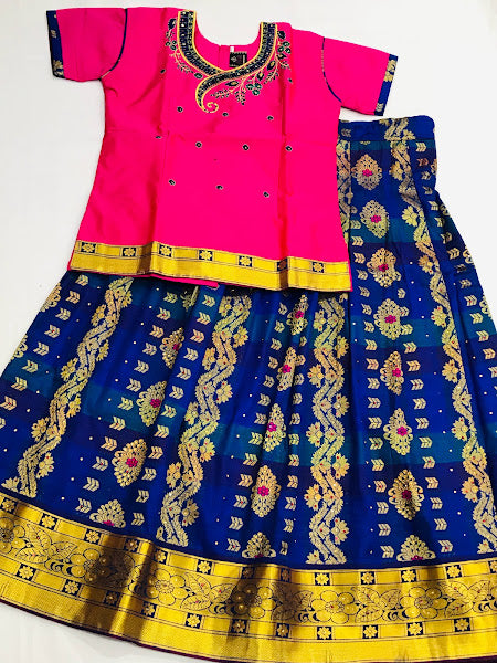 Gorgeous Pink And Blue Designer Silk Langa Set For Girls