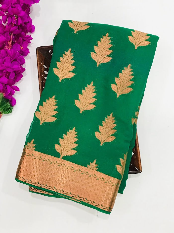 Beautiful Green Color Georgette Saree Flower Design With Rich Pallu