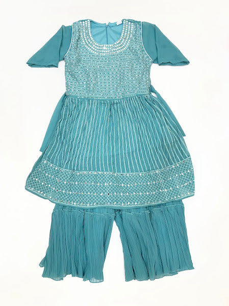Stunning Sea Green Color Georgette Sharara Suits With Embroidery Stone And Mirror Work For Girls