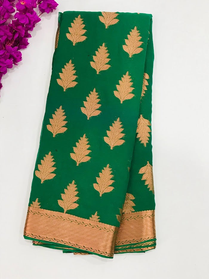 Beautiful Green Color Georgette Saree Flower Design With Rich Pallu