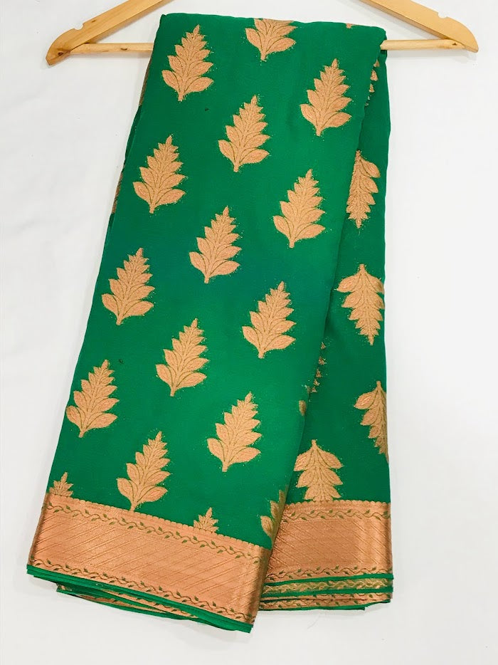 Beautiful Green Color Georgette Saree Flower Design With Rich Pallu