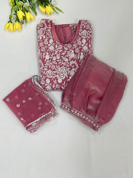 Attractvie Onion Pink Color Space Silk Palazzo Suits With Embroidery And Sequins Work Near Me