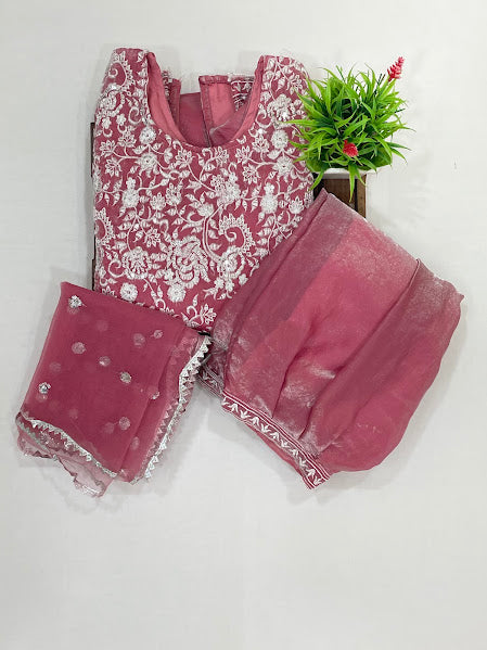 Onion Pink Color Space Silk Palazzo Suits With Embroidery And Sequins Work In USA