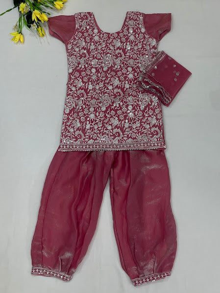 Attractvie Onion Pink Color Space Silk Palazzo Suits With Embroidery And Sequins Work For Girls