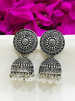 Exquisite Traditional Oxidized Jhumka Earrings With White Beads For Women