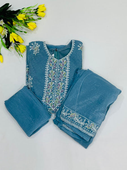 Sky Blue Color Space Silk Sharara Suits With Embroidery Work Near Me