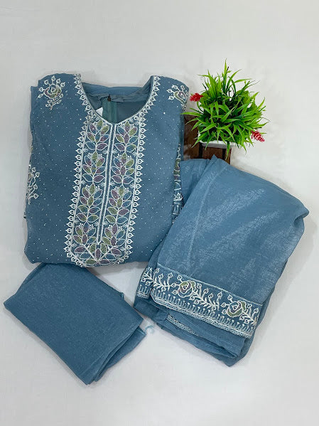 Sky Blue Color Space Silk Sharara Suits With Embroidery Work In USA