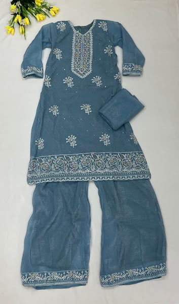 Amazing Sky Blue Color Space Silk Sharara Suits With Embroidery Work For Girls