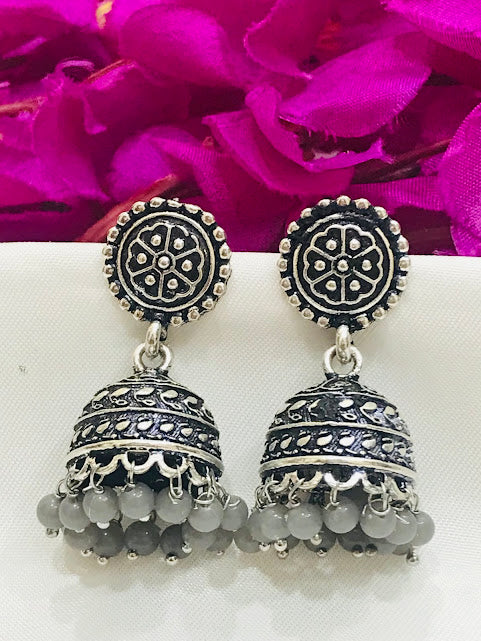 Lovely Oxidized Jhumka Earrings With Grey Color Beads For Women