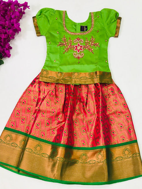 Gorgeous Silk Green And Pink Color Designer Langa Set