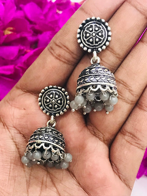 Lovely Oxidized Jhumka Earrings With Grey Color Beads Near Me