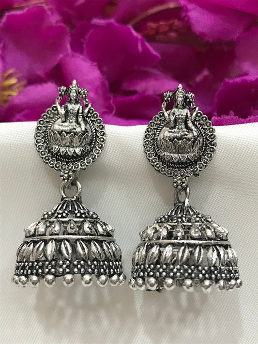 Traditional silver oxidized Lakshmi Design Jhumka Earrings for women