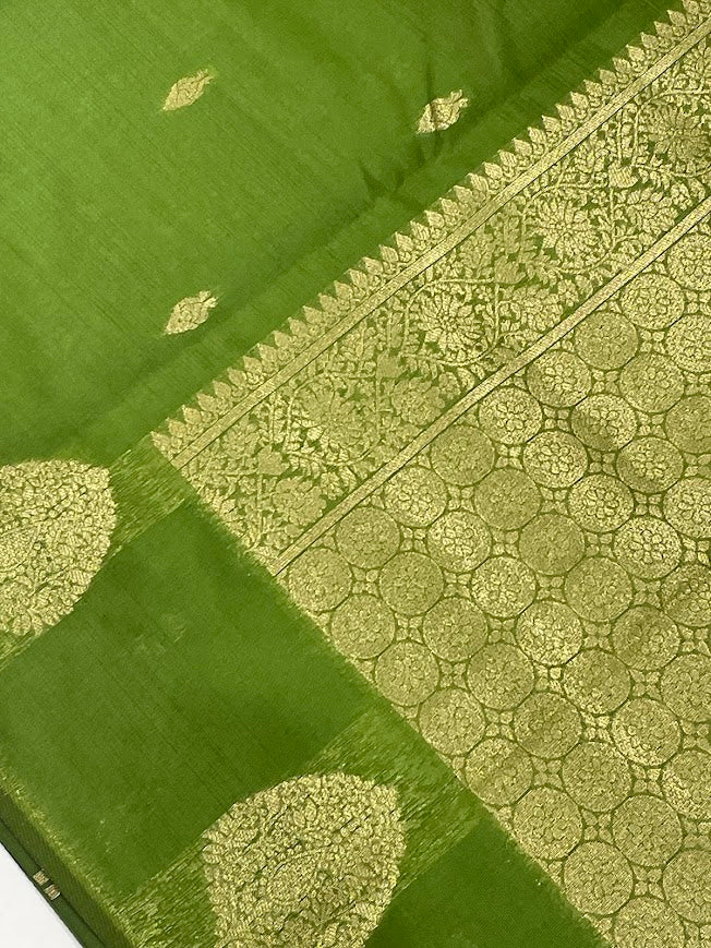 Green Color Soft Silk Saree With Golden Zari Work For Women In Mesa