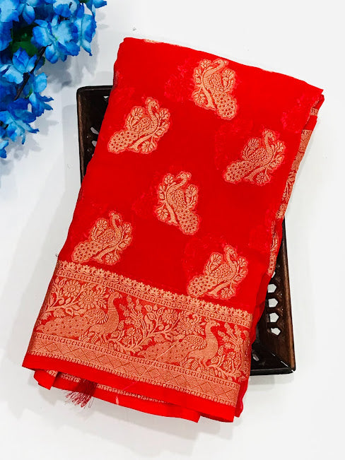 Fabulous Red Color Georgette Designer Saree With Peacock Motifs Near Me